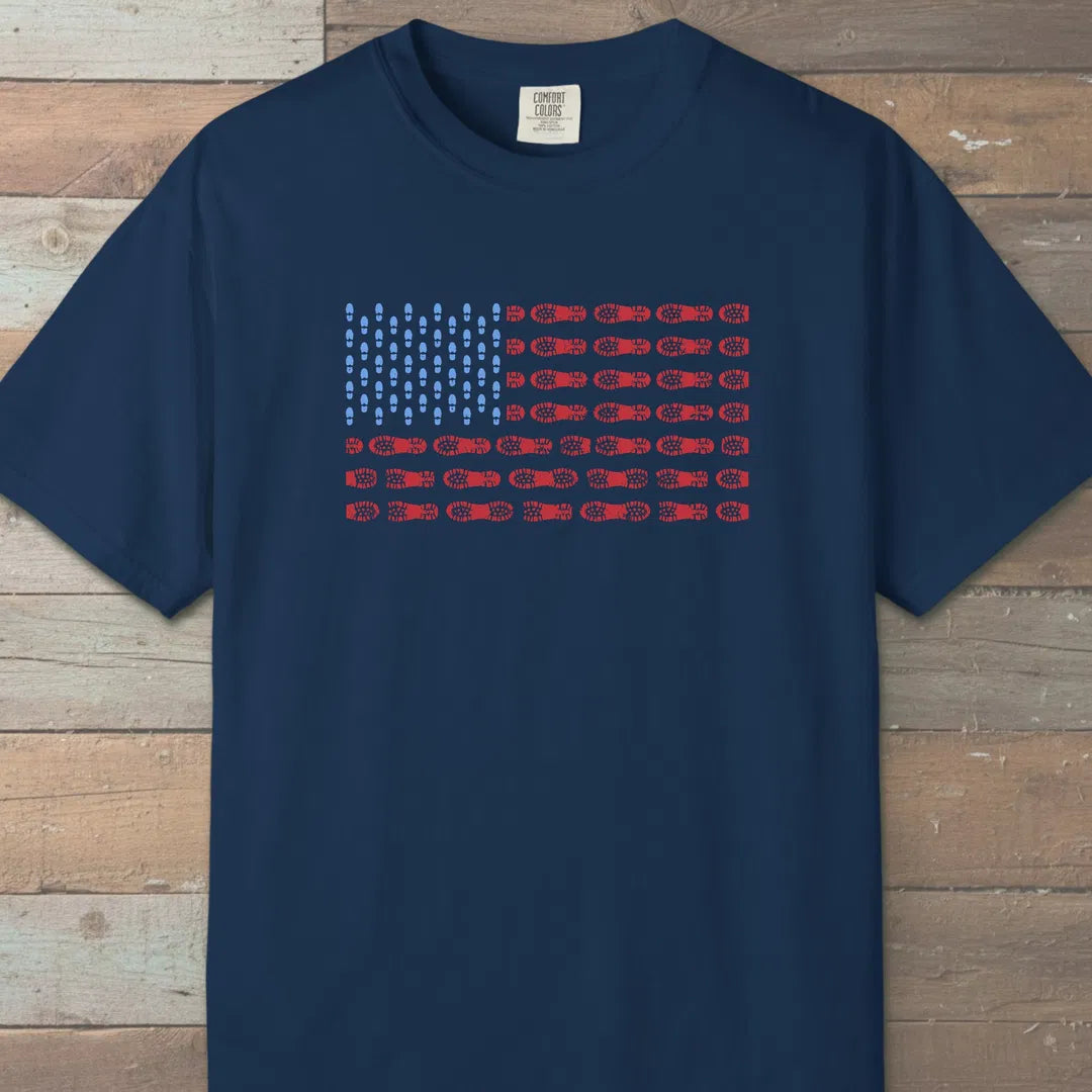 Boot Print Flag T-Shirt Navy Outdoor Nature Tee