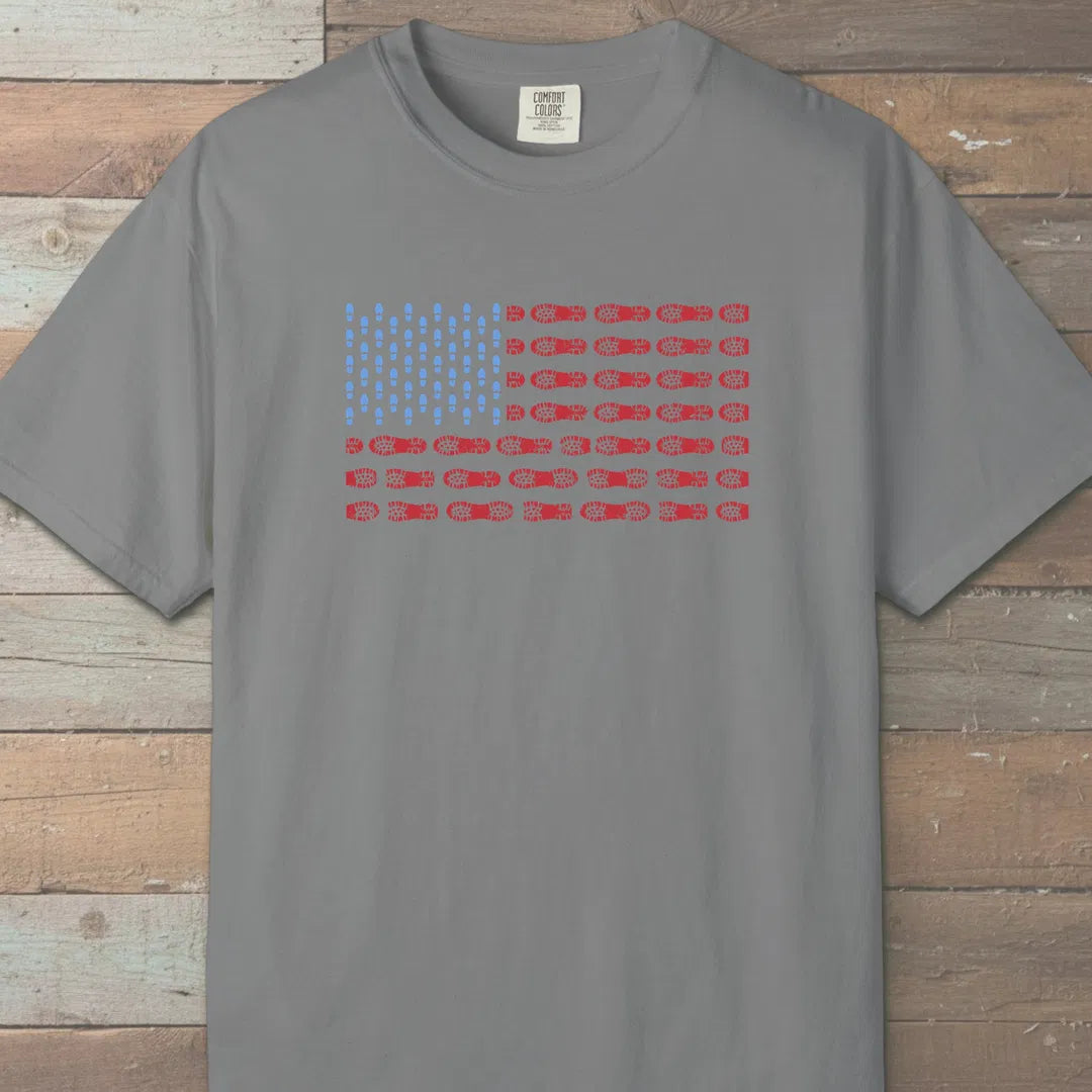 Boot Print Flag T-Shirt Grey Outdoor Nature Tee