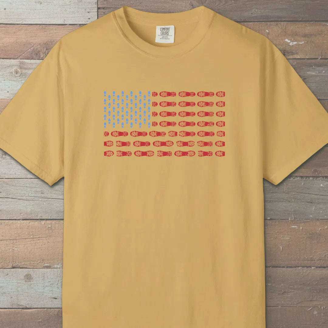 Boot Print Flag T-Shirt Mustard Outdoor Nature Tee