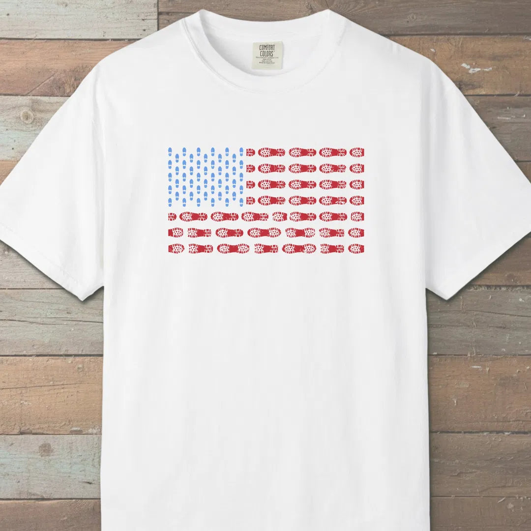 Boot Print Flag T-Shirt White Outdoor Nature Tee