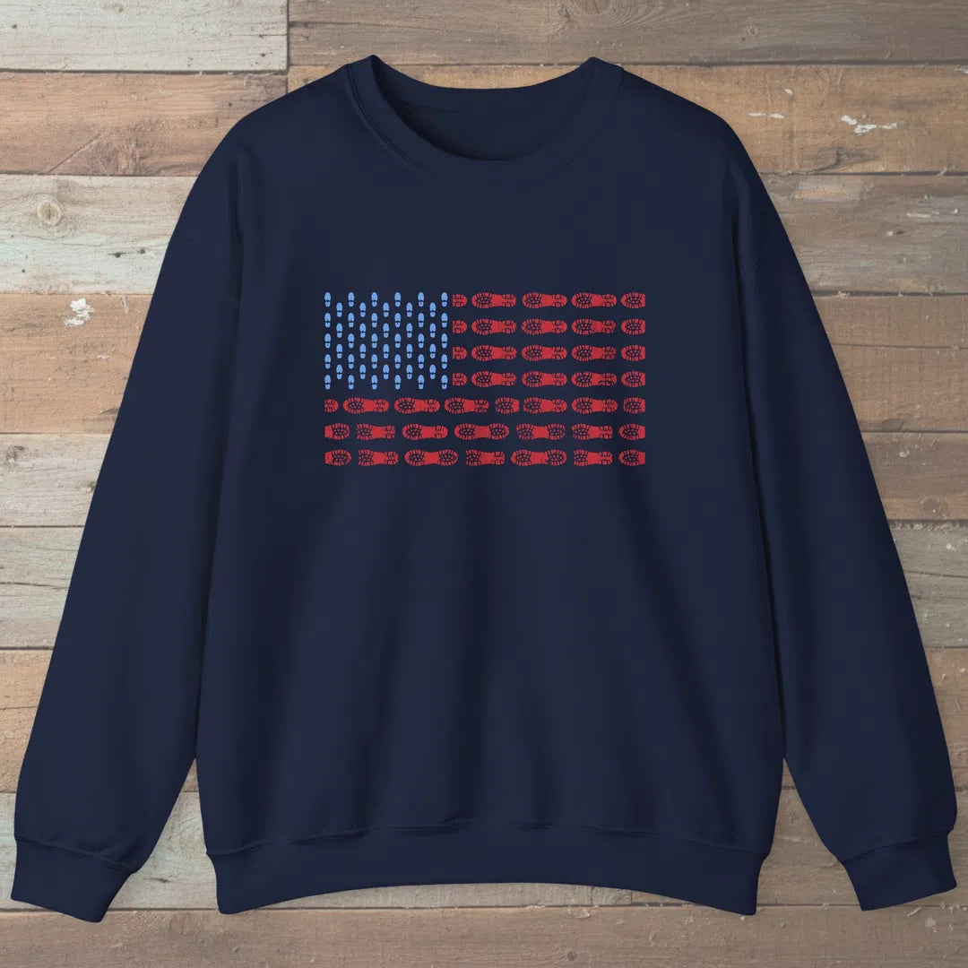 Boot Print Flag Sweatshirt Navy Outdoor Nature Tee