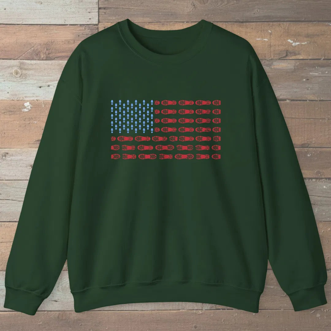 Boot Print Flag Sweatshirt Forest Green Outdoor Nature Tee