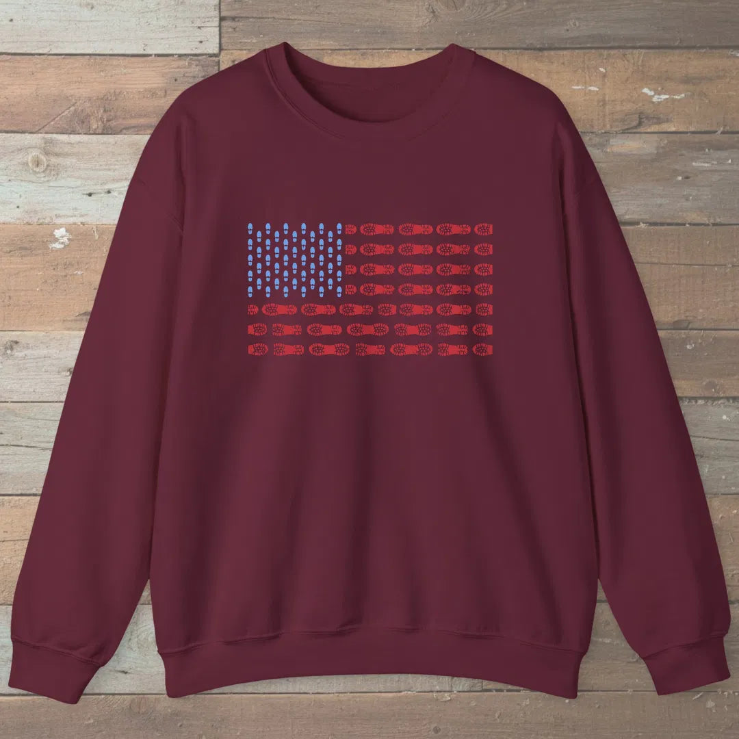 Boot Print Flag Sweatshirt Maroon Outdoor Nature Tee