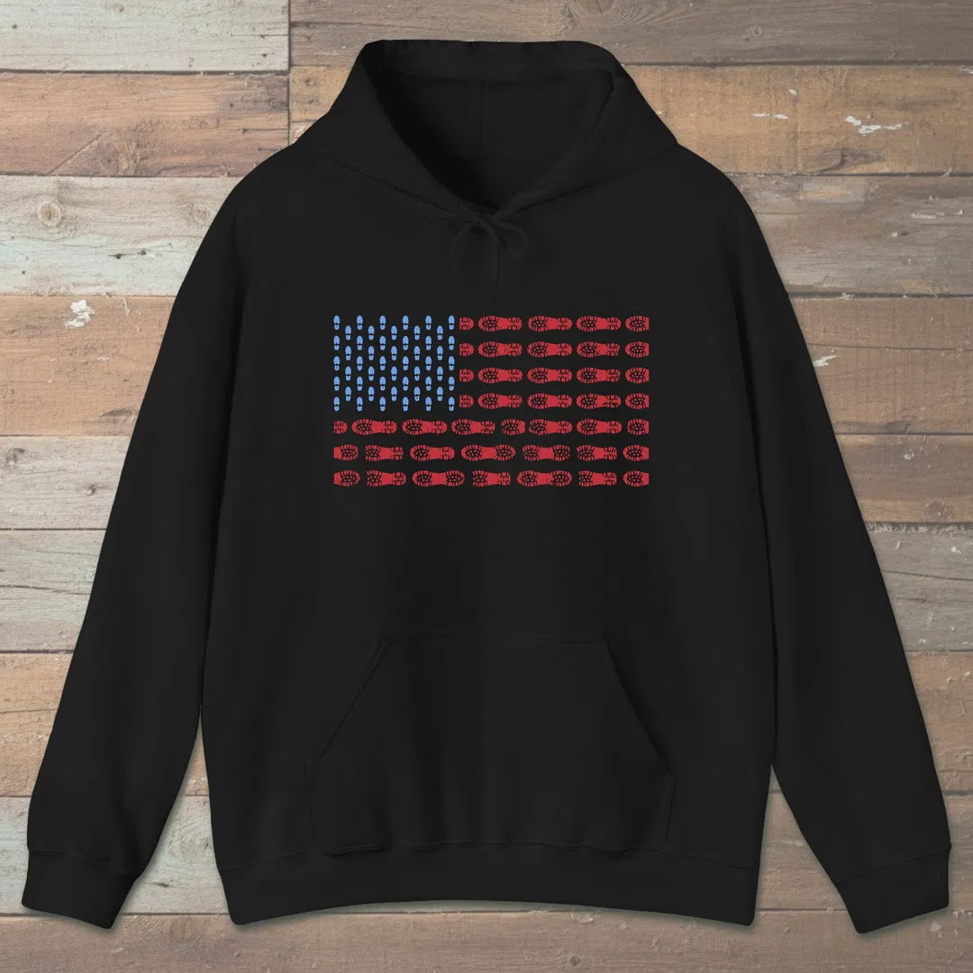 Boot Print Flag Hoodie Black Outdoor Nature Tee