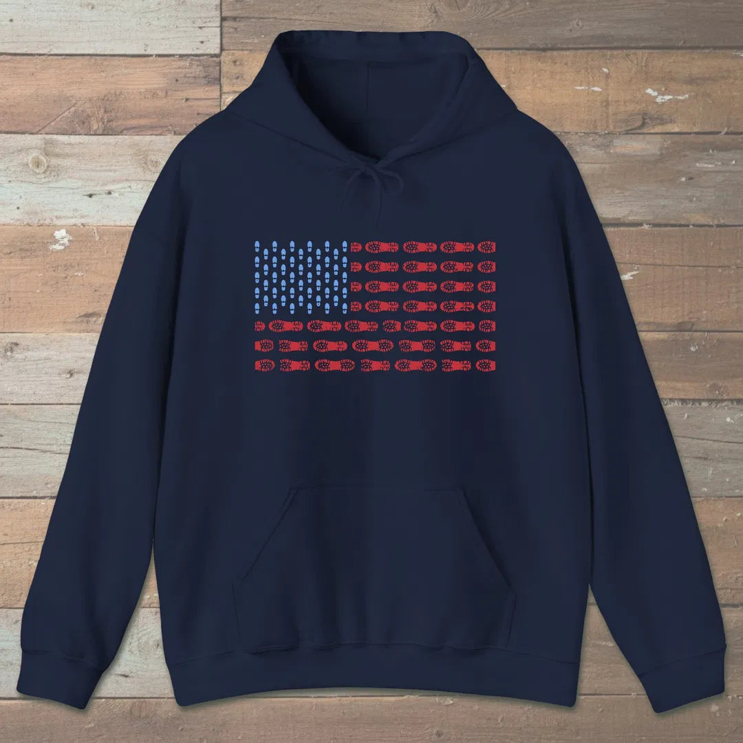 Boot Print Flag Hoodie Navy Outdoor Nature Tee
