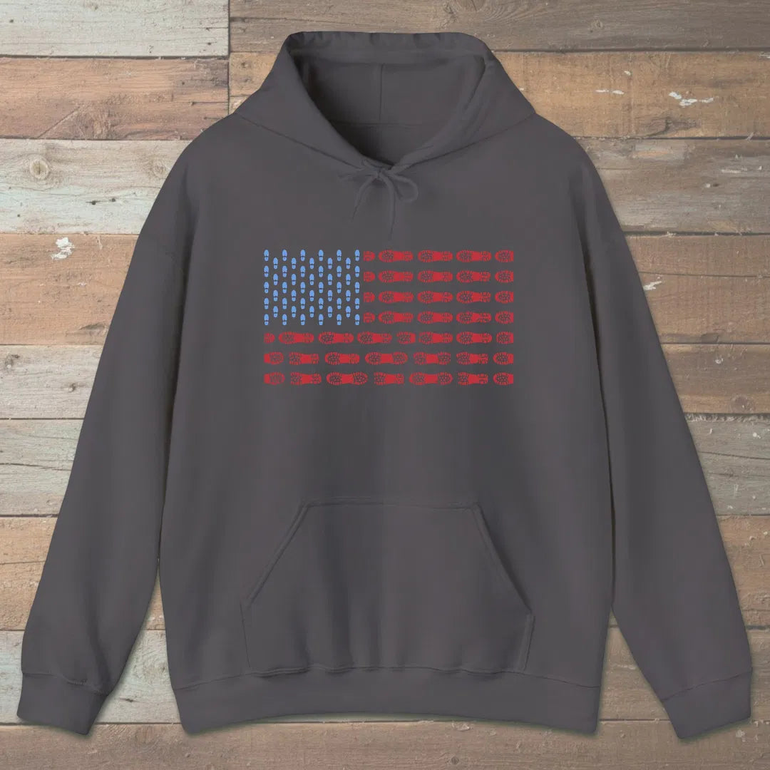 Boot Print Flag Hoodie Charcoal Outdoor Nature Tee