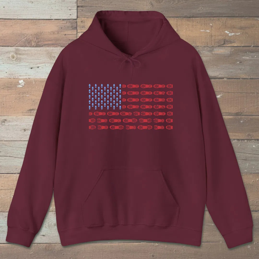 Boot Print Flag Hoodie Maroon Outdoor Nature Tee