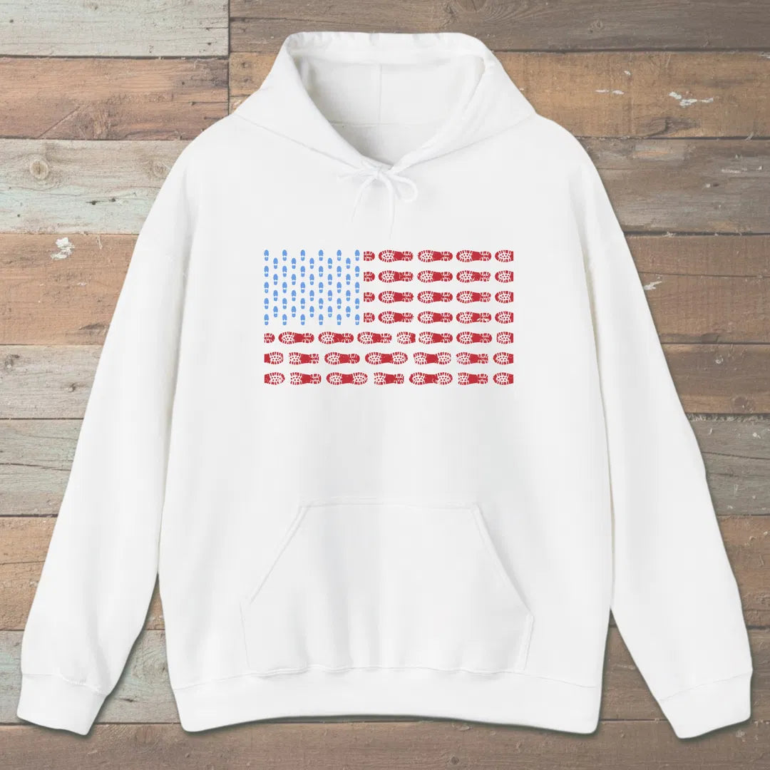 Boot Print Flag Hoodie White Outdoor Nature Tee