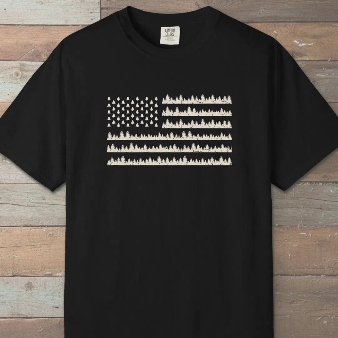 Pine Forest Flag T-Shirt Black Outdoor Nature Tee