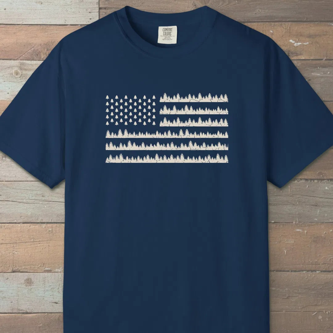 Pine Forest Flag T-Shirt Navy Outdoor Nature Tee