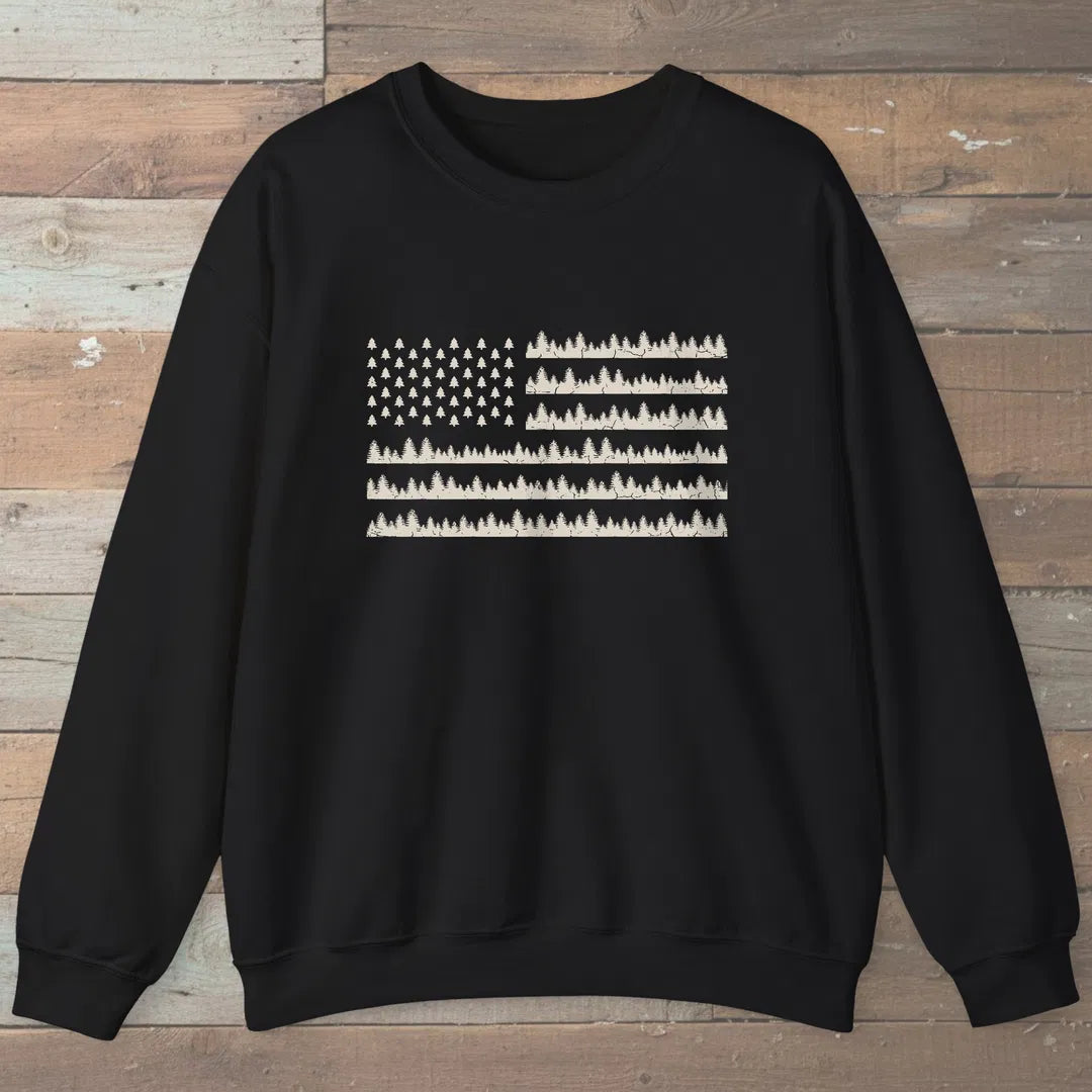 Pine Forest Flag Sweatshirt Black Outdoor Nature Tee