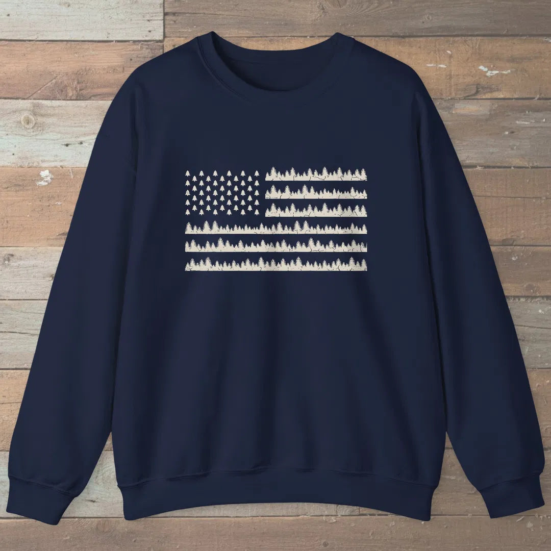 Pine Forest Flag Sweatshirt Navy Outdoor Nature Tee