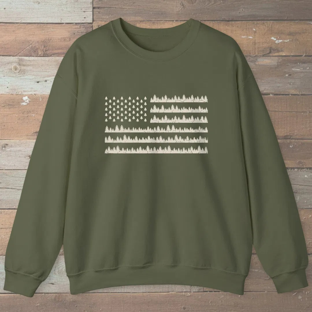 Pine Forest Flag Sweatshirt Military Green Outdoor Nature Tee