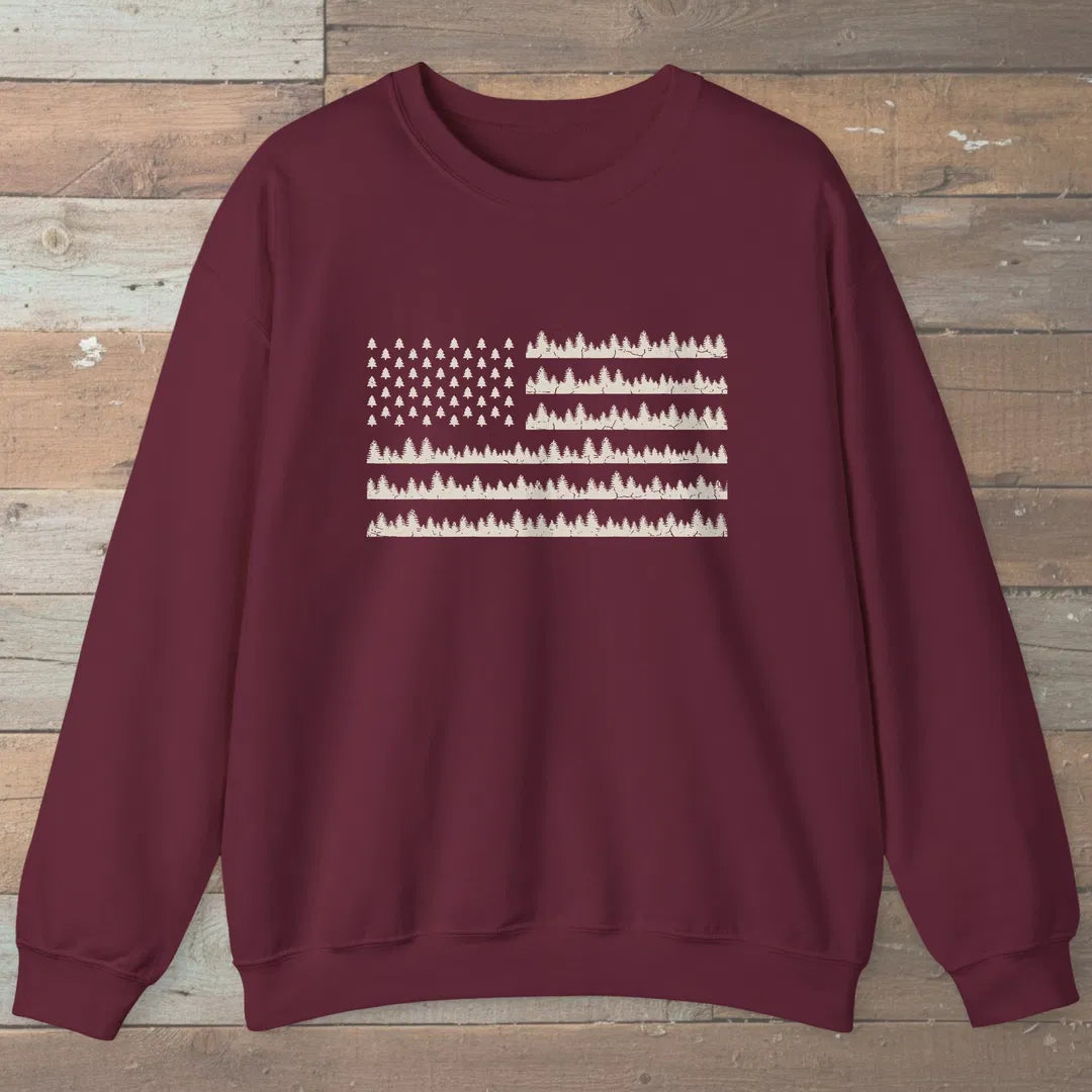 Pine Forest Flag Sweatshirt Maroon Outdoor Nature Tee