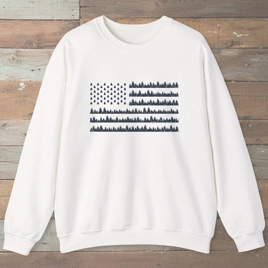 Pine Forest Flag Sweatshirt White Outdoor Nature Tee