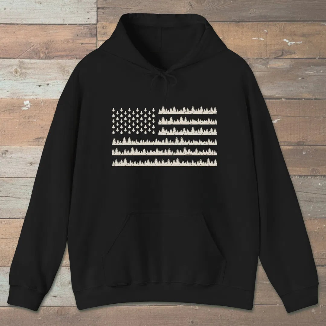 Pine Forest Flag Hoodie Black Outdoor Nature Tee