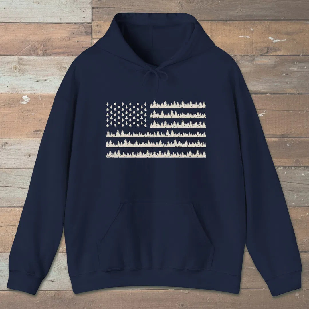Pine Forest Flag Hoodie Navy Outdoor Nature Tee