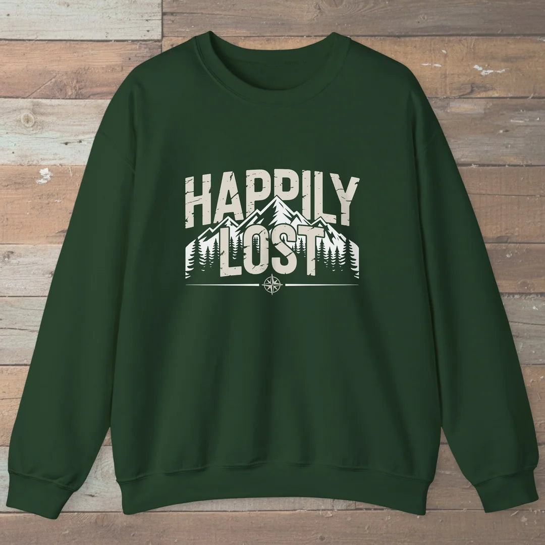 Happily Lost Mountain Trails Sweatshirt Forest Green Outdoor Nature Tee