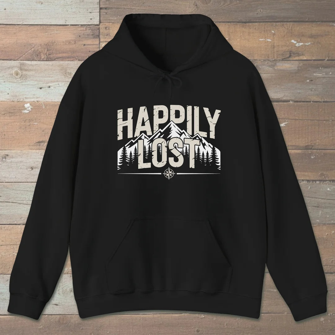 Happily Lost Mountain Trails Hoodie Black Outdoor Nature Tee