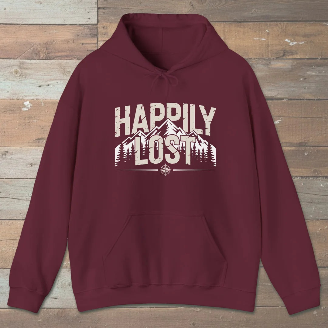 Happily Lost Mountain Trails Hoodie Maroon Outdoor Nature Tee