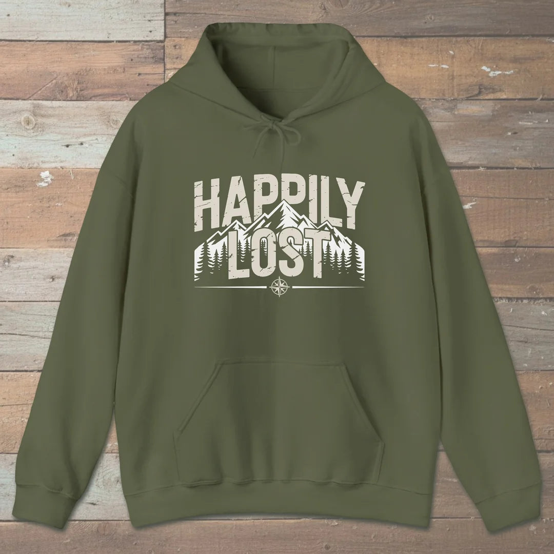 Happily Lost Mountain Trails Hoodie Military Green Outdoor Nature Tee