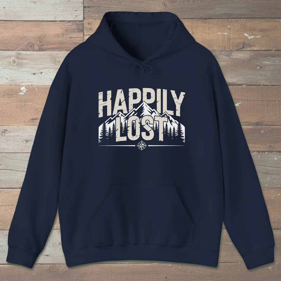 Happily Lost Mountain Trails Hoodie Navy Outdoor Nature Tee