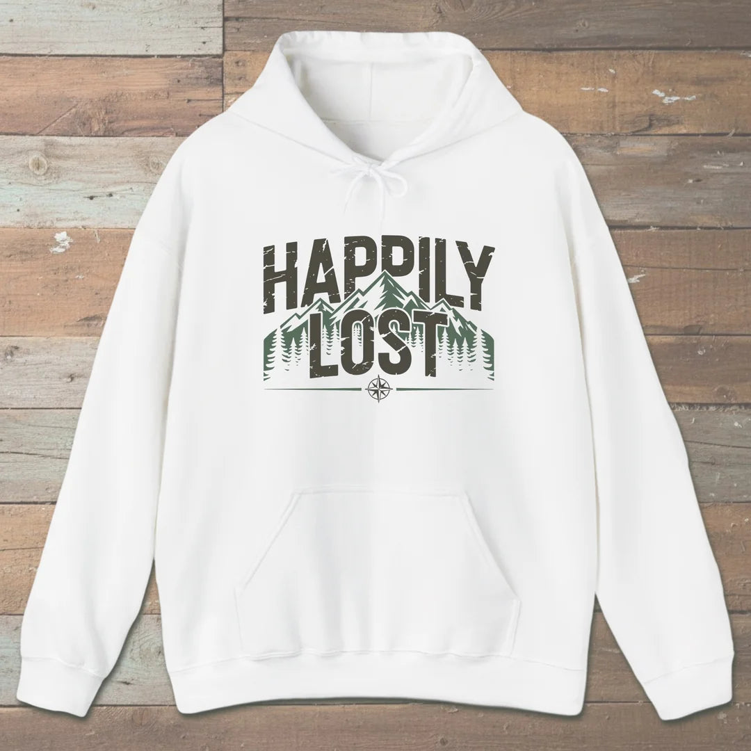 Happily Lost Mountain Trails Hoodie White Outdoor Nature Tee