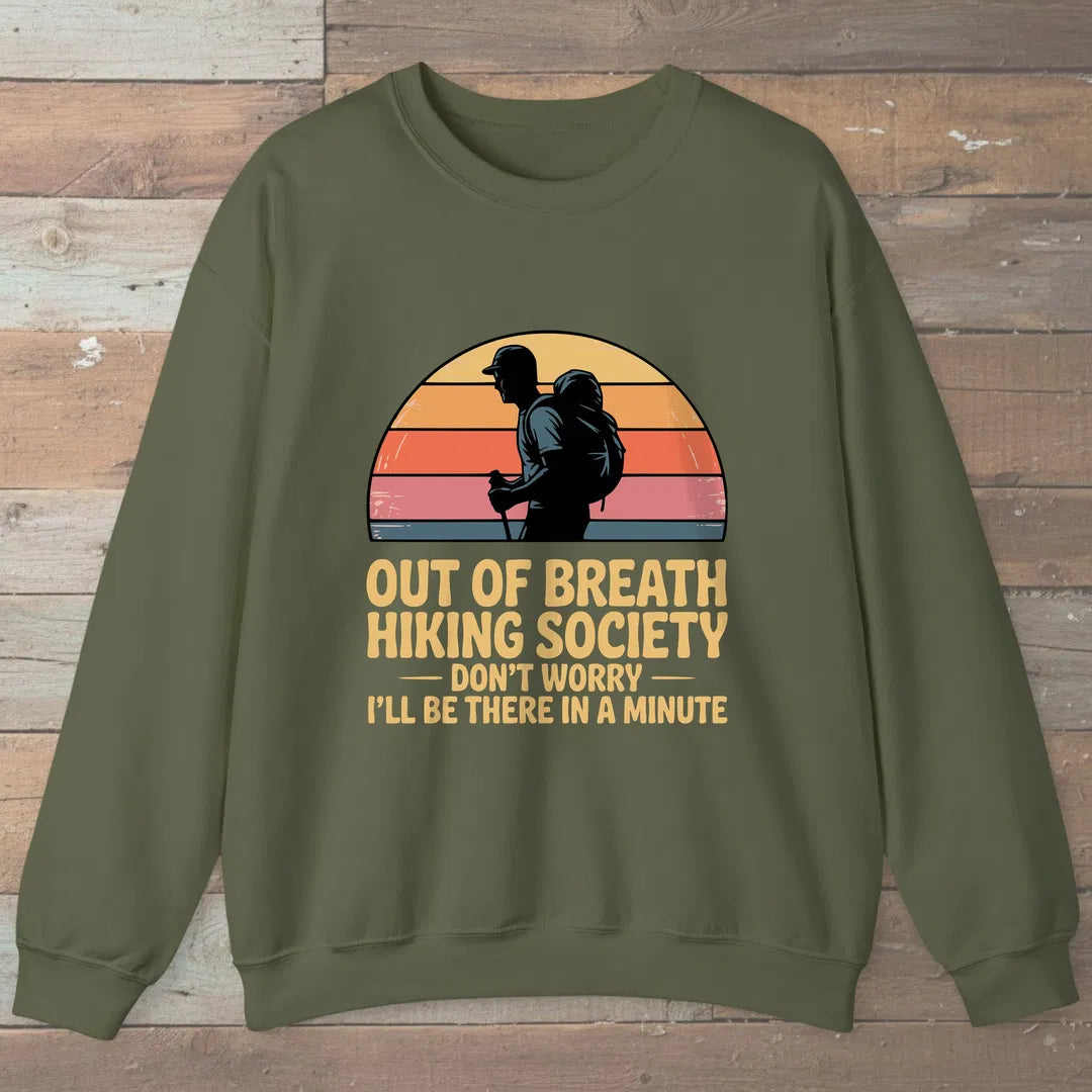 Out Of Breath Hiking Society Sunset Sweatshirt Military Green Outdoor Nature Tee