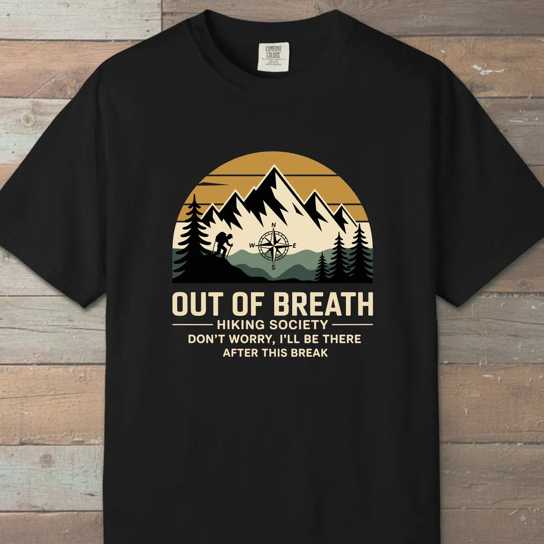 Out Of Breath Hiking Society Mountain T-Shirt Black Outdoor Nature Tee