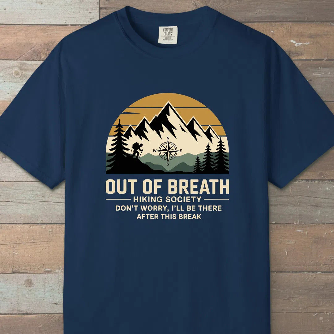 Out Of Breath Hiking Society Mountain T-Shirt Navy Outdoor Nature Tee