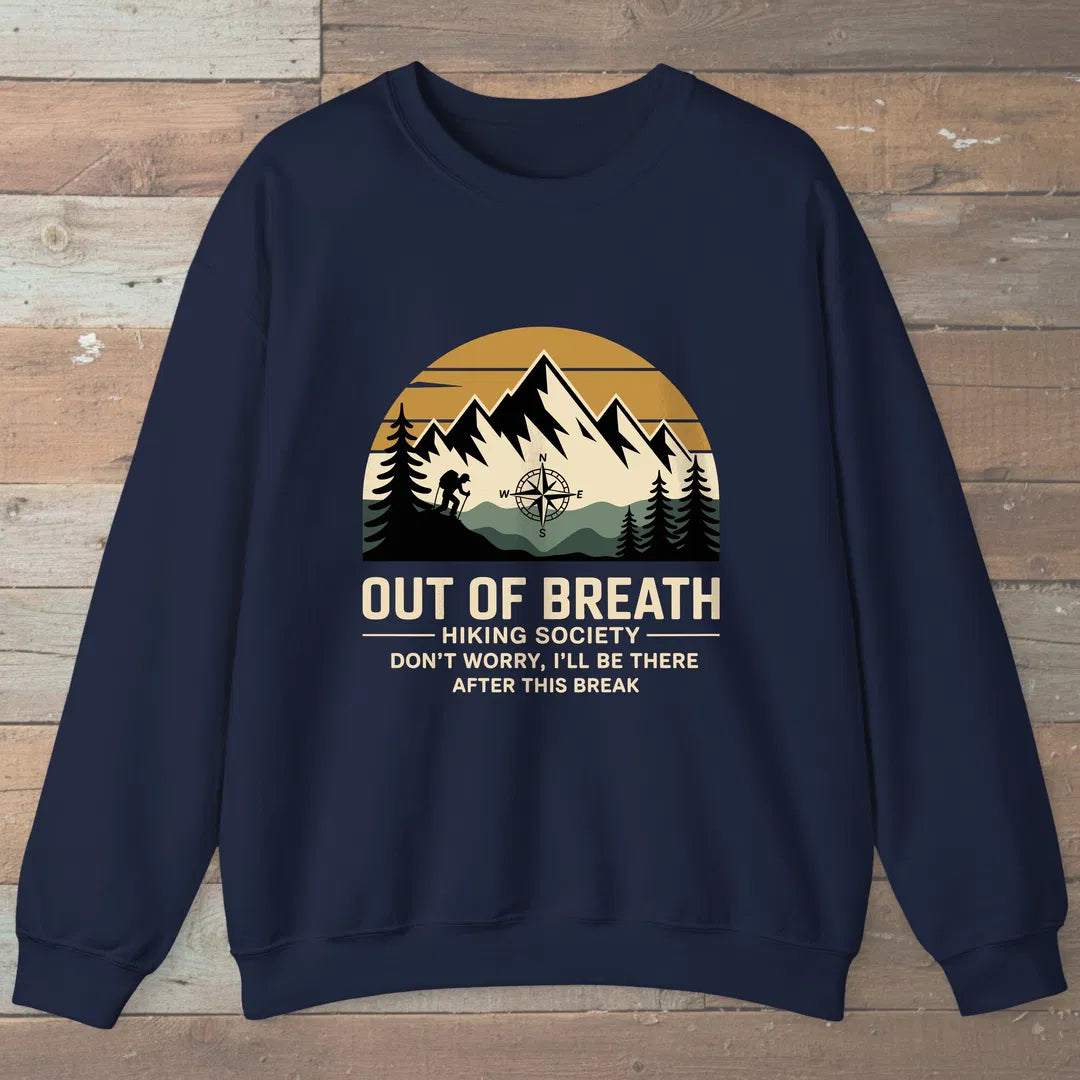 Out Of Breath Hiking Society Mountain Sweatshirt Navy Outdoor Nature Tee