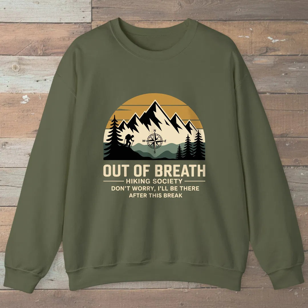 Out Of Breath Hiking Society Mountain Sweatshirt Military Green Outdoor Nature Tee