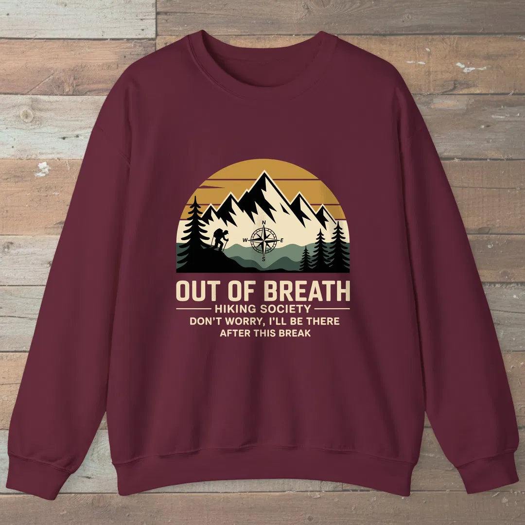Out Of Breath Hiking Society Mountain Sweatshirt Maroon Outdoor Nature Tee