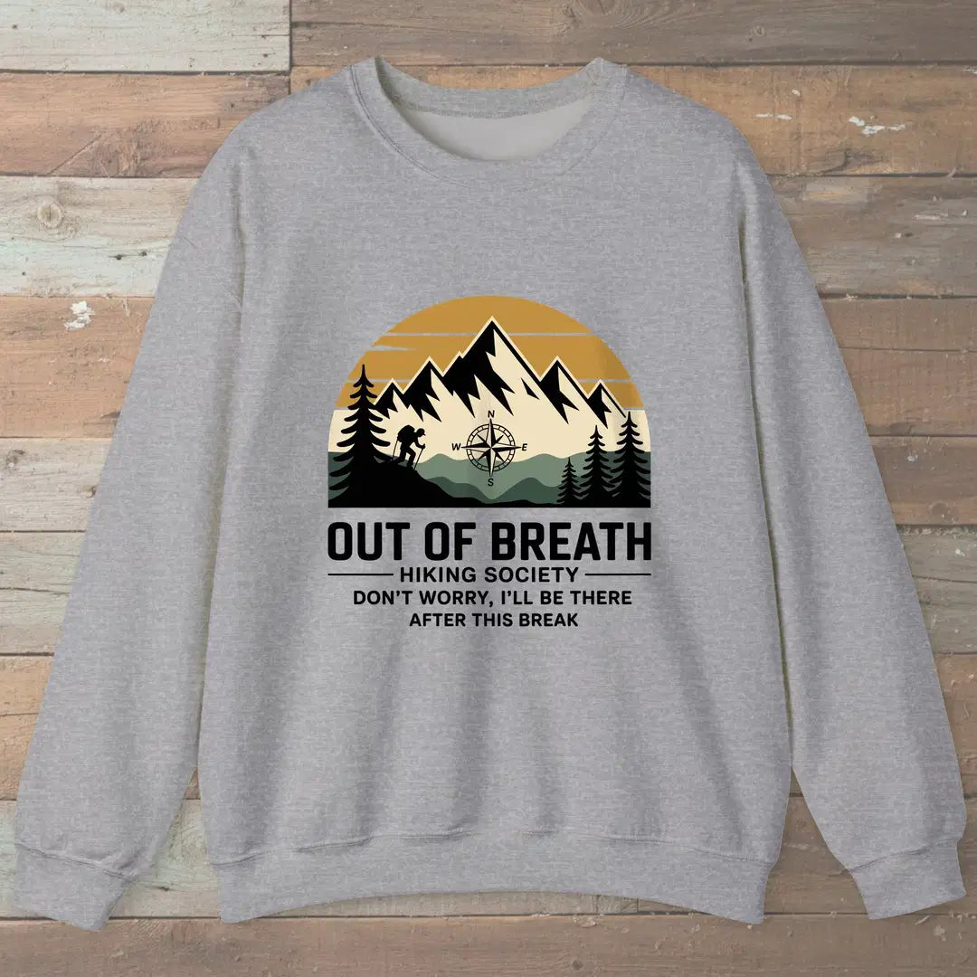 Out Of Breath Hiking Society Mountain Sweatshirt Sport Grey Outdoor Nature Tee