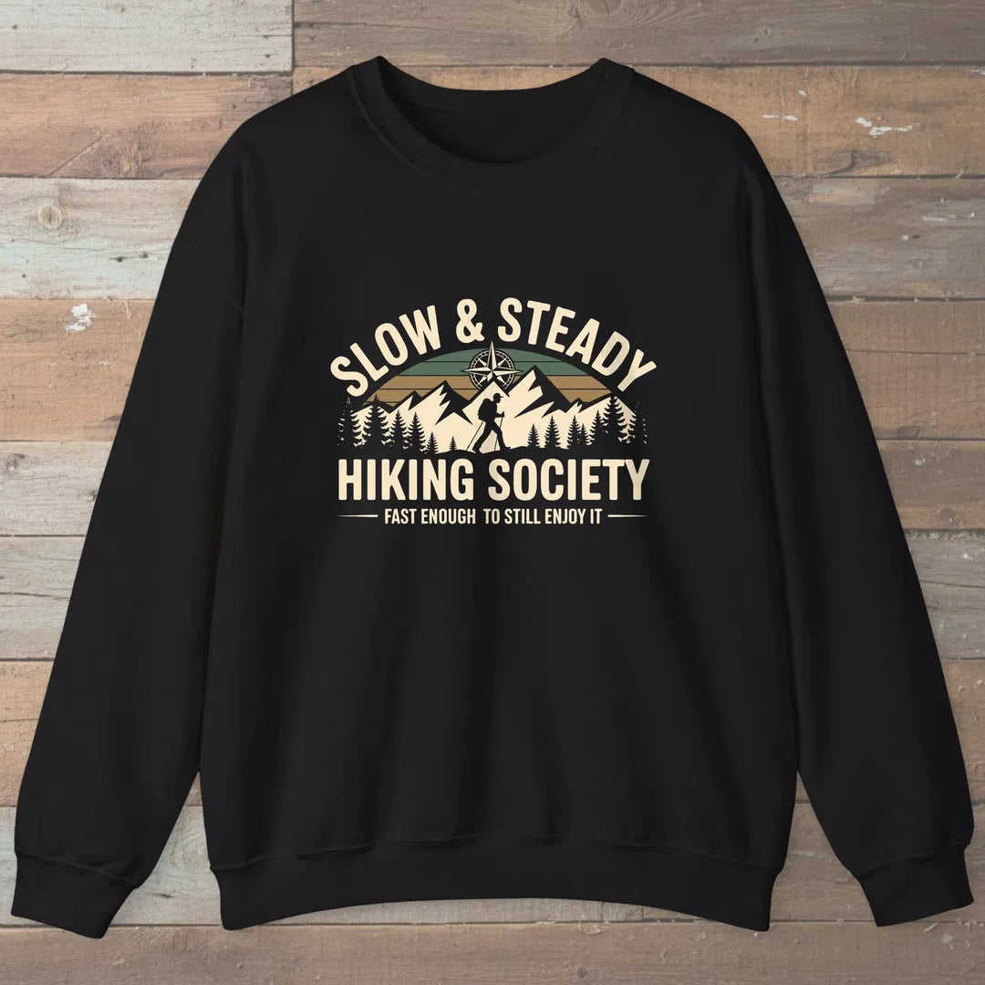 Slow And Steady Hiking Society Sweatshirt Black Outdoor Nature Tee