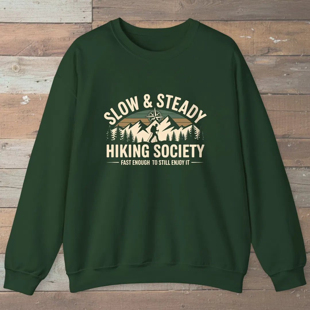 Slow And Steady Hiking Society Sweatshirt Forest Green Outdoor Nature Tee