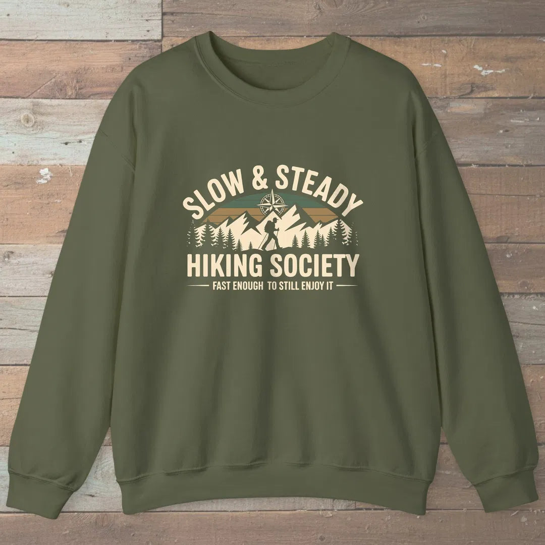 Slow And Steady Hiking Society Sweatshirt Military Green Outdoor Nature Tee