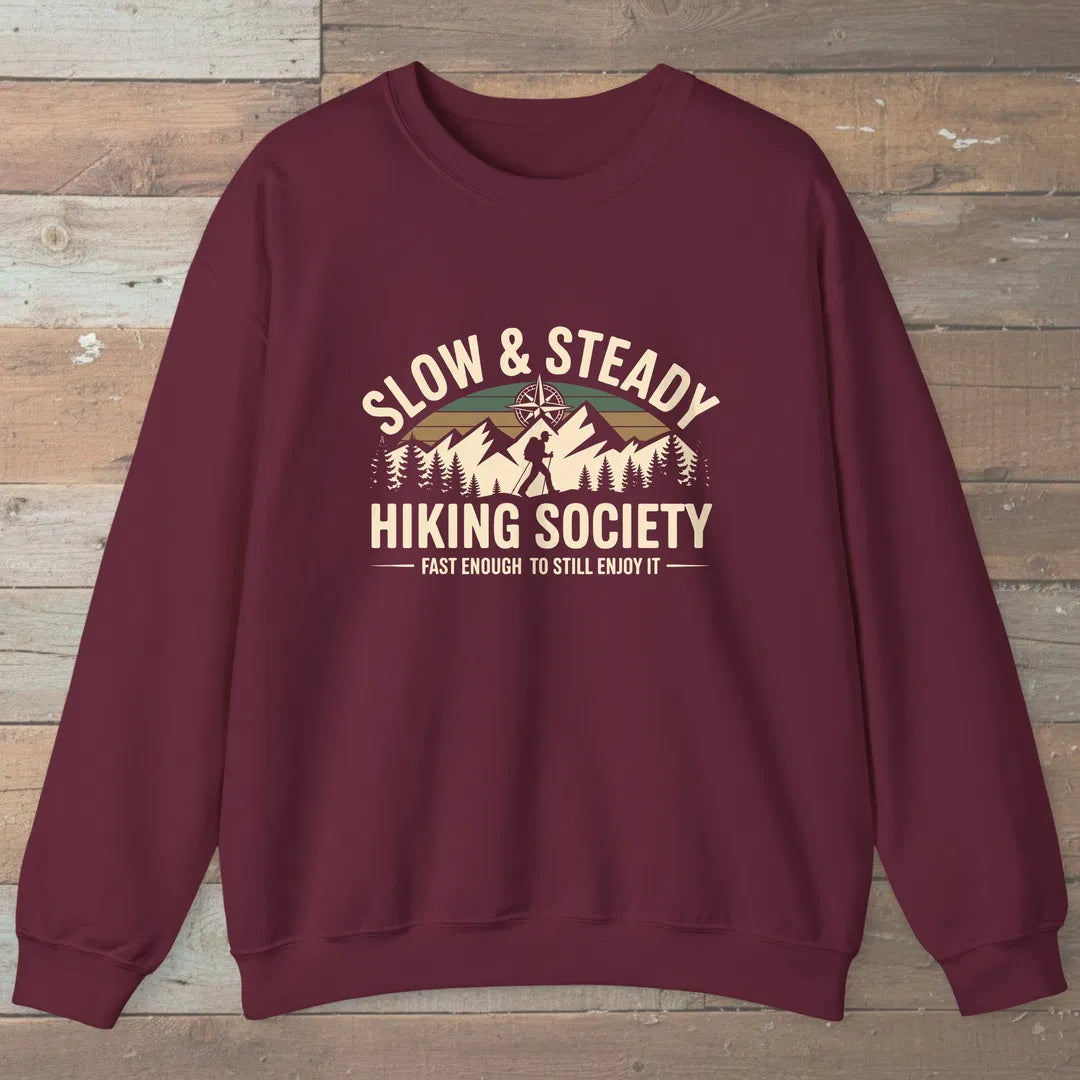 Slow And Steady Hiking Society Sweatshirt Maroon Outdoor Nature Tee