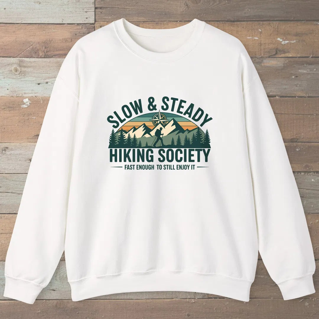 Slow And Steady Hiking Society Sweatshirt White Outdoor Nature Tee