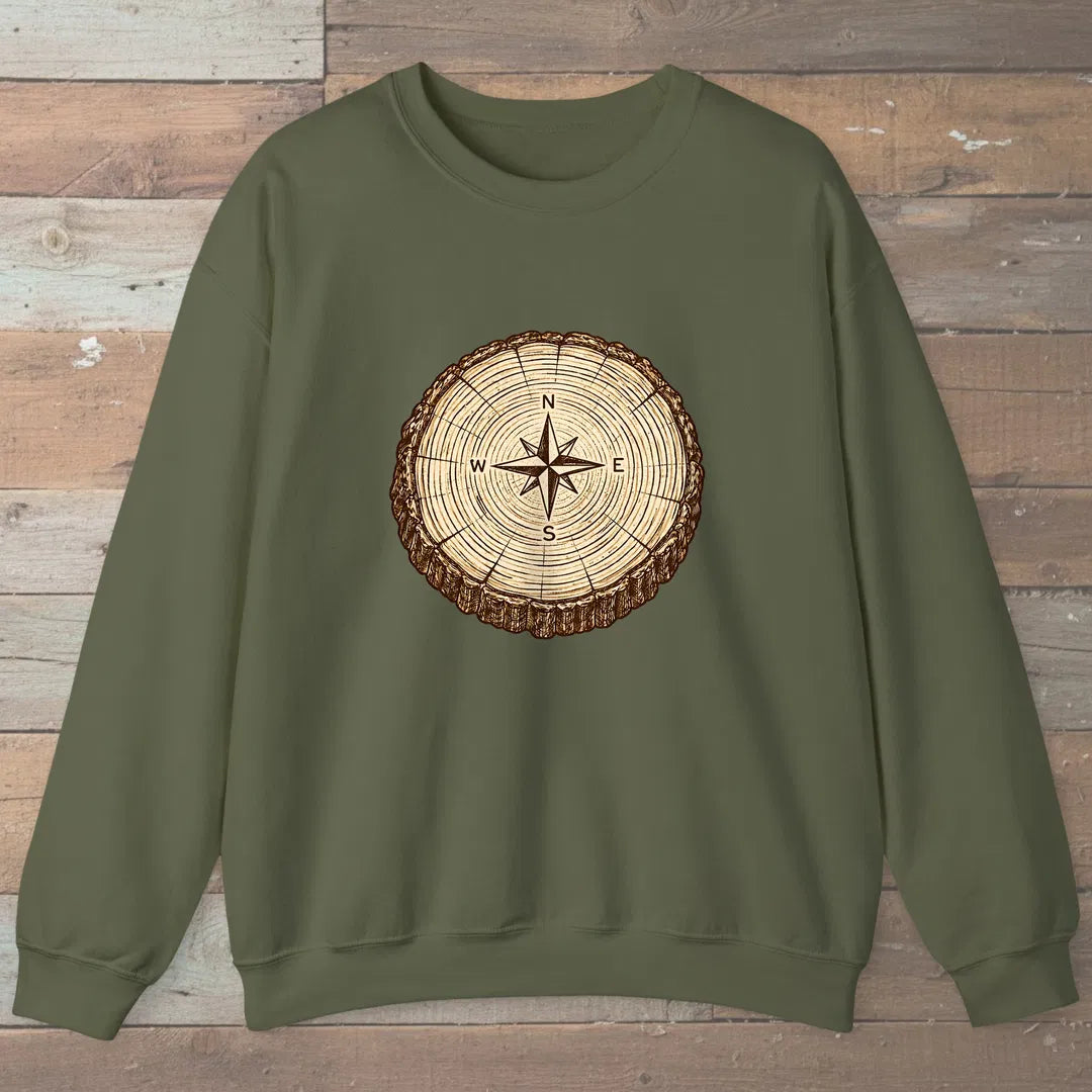 Stump Compass Sweatshirt Military Green Outdoor Nature Tee