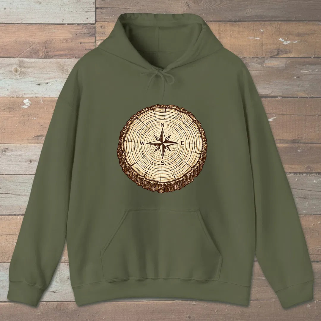 Stump Compass Hoodie Military Green Outdoor Nature Tee