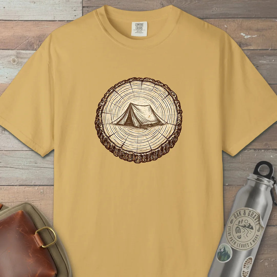 Stump Tent T-Shirt Mustard Outdoor Nature Tee