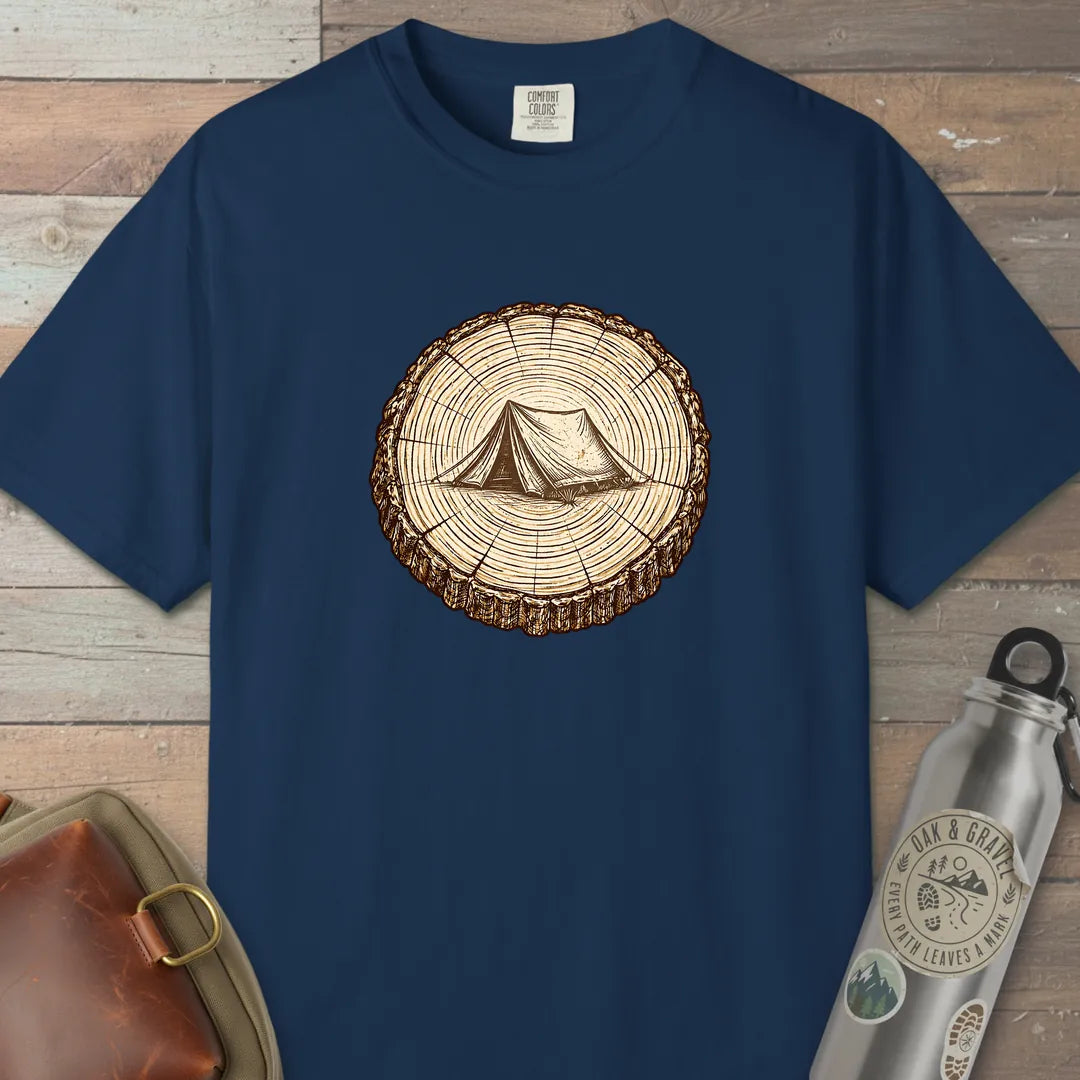 Stump Tent T-Shirt Navy Outdoor Nature Tee