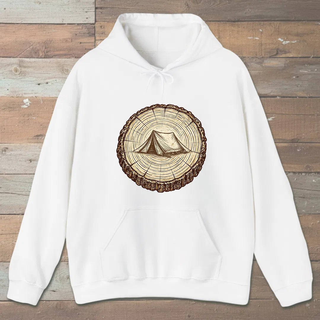 Stump Tent Hoodie White Outdoor Nature Tee