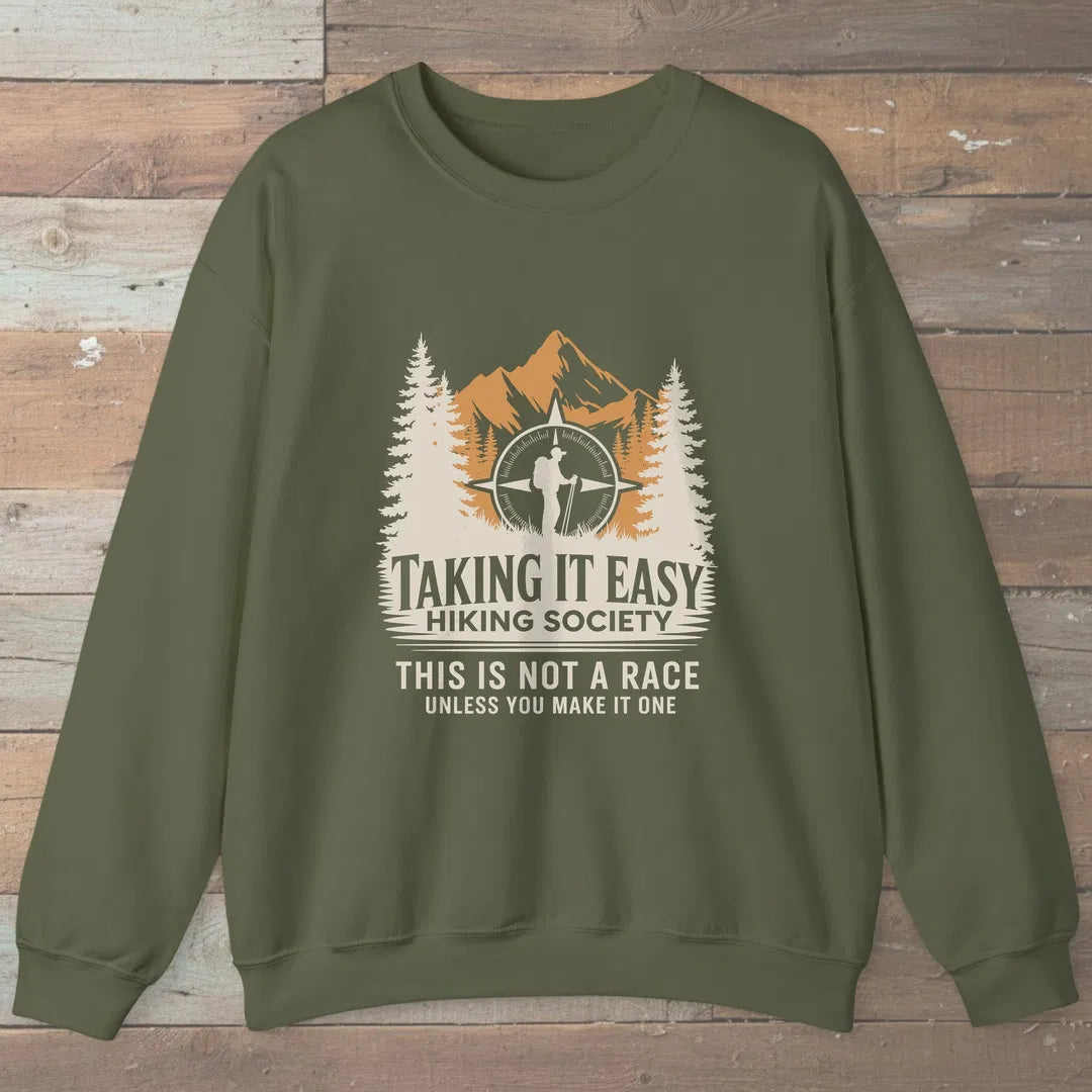 Taking It Easy Hiking Society Sweatshirt Military Green Outdoor Nature Tee