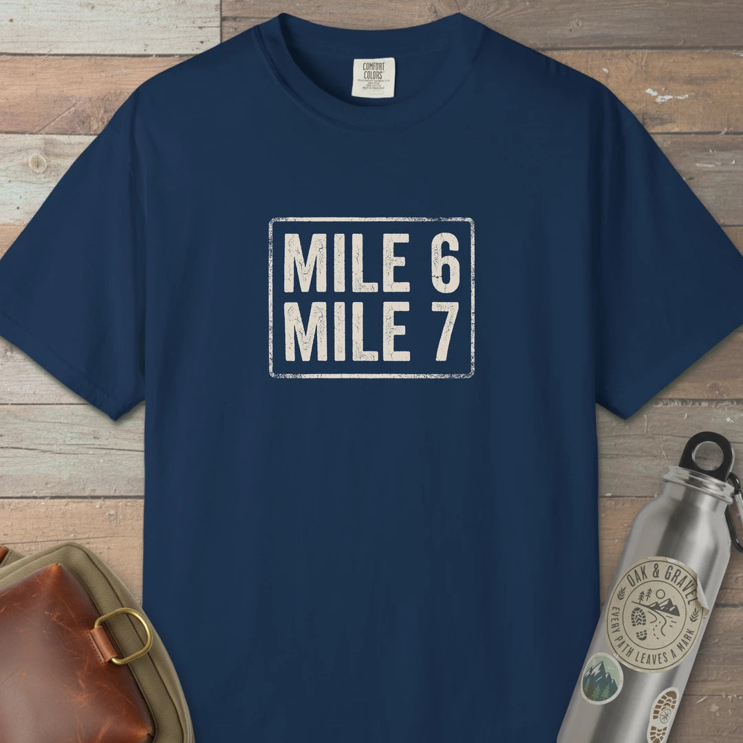 Mile 6 Mile 7 Trail Marker T-Shirt Navy Outdoor Nature Tee