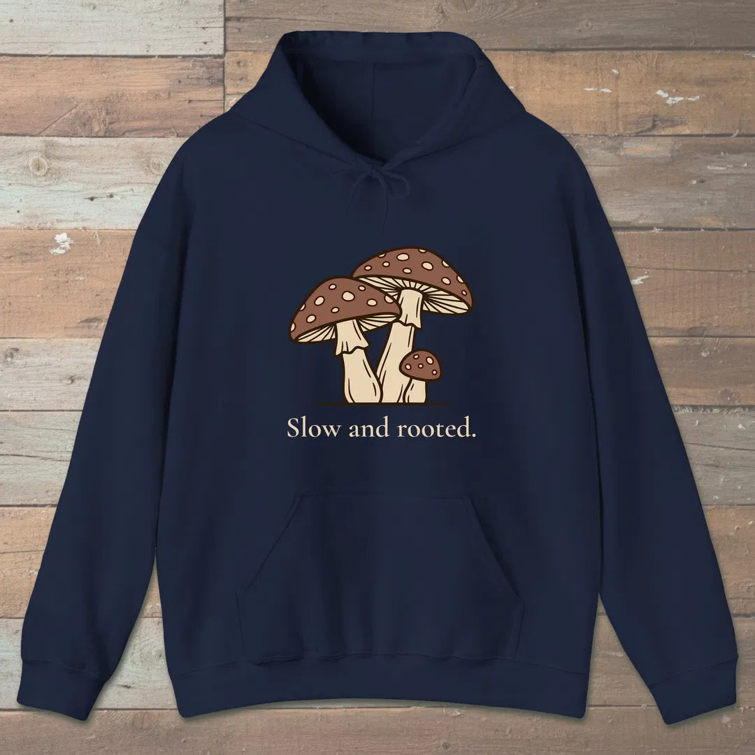 Slow And Rooted Hoodie Navy Outdoor Nature Tee