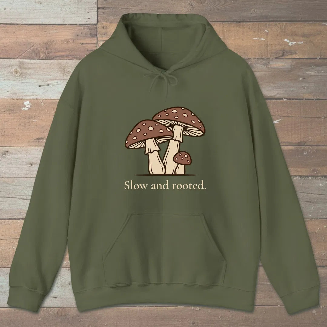 Slow And Rooted Hoodie Military Green Outdoor Nature Tee