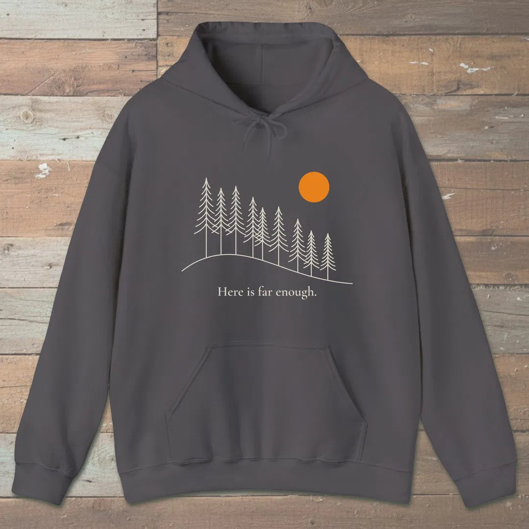 Far Enough Hoodie Charcoal Outdoor Nature Tee