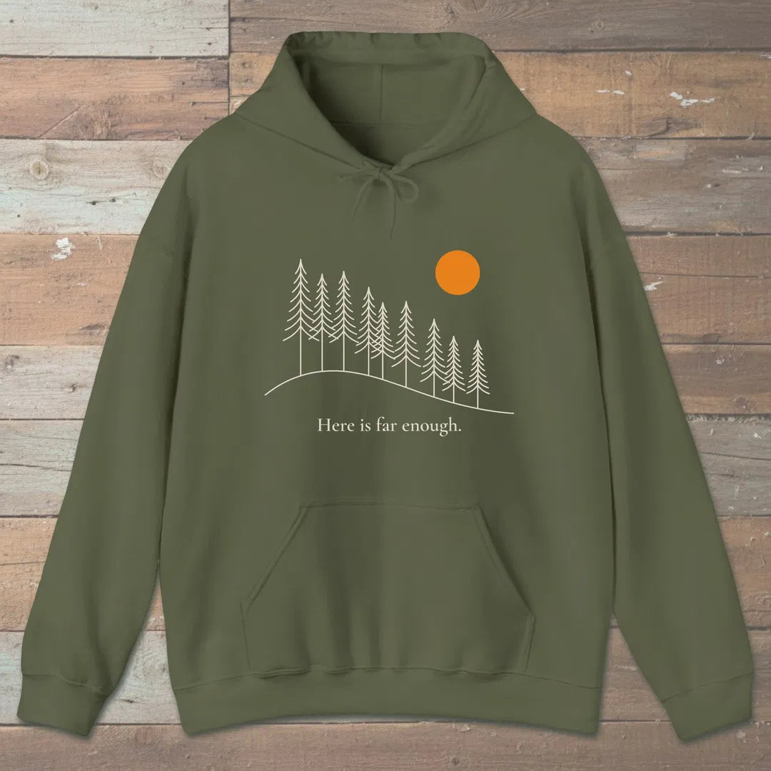 Far Enough Hoodie Military Green Outdoor Nature Tee